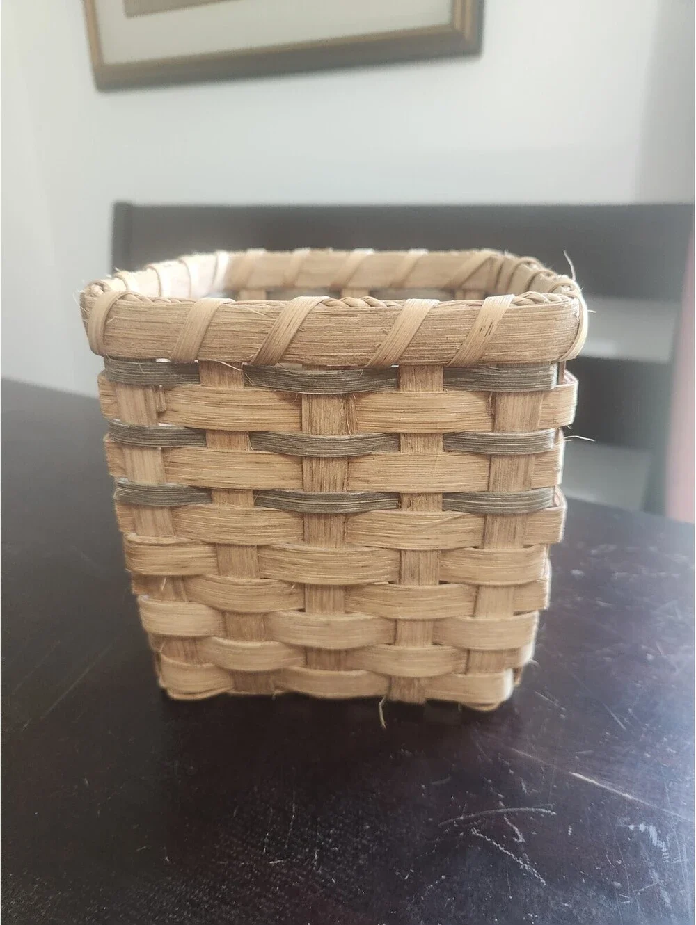Small Square Beige Wicker Basket, Rustic Basket Weave, Non-Lidded Decor
